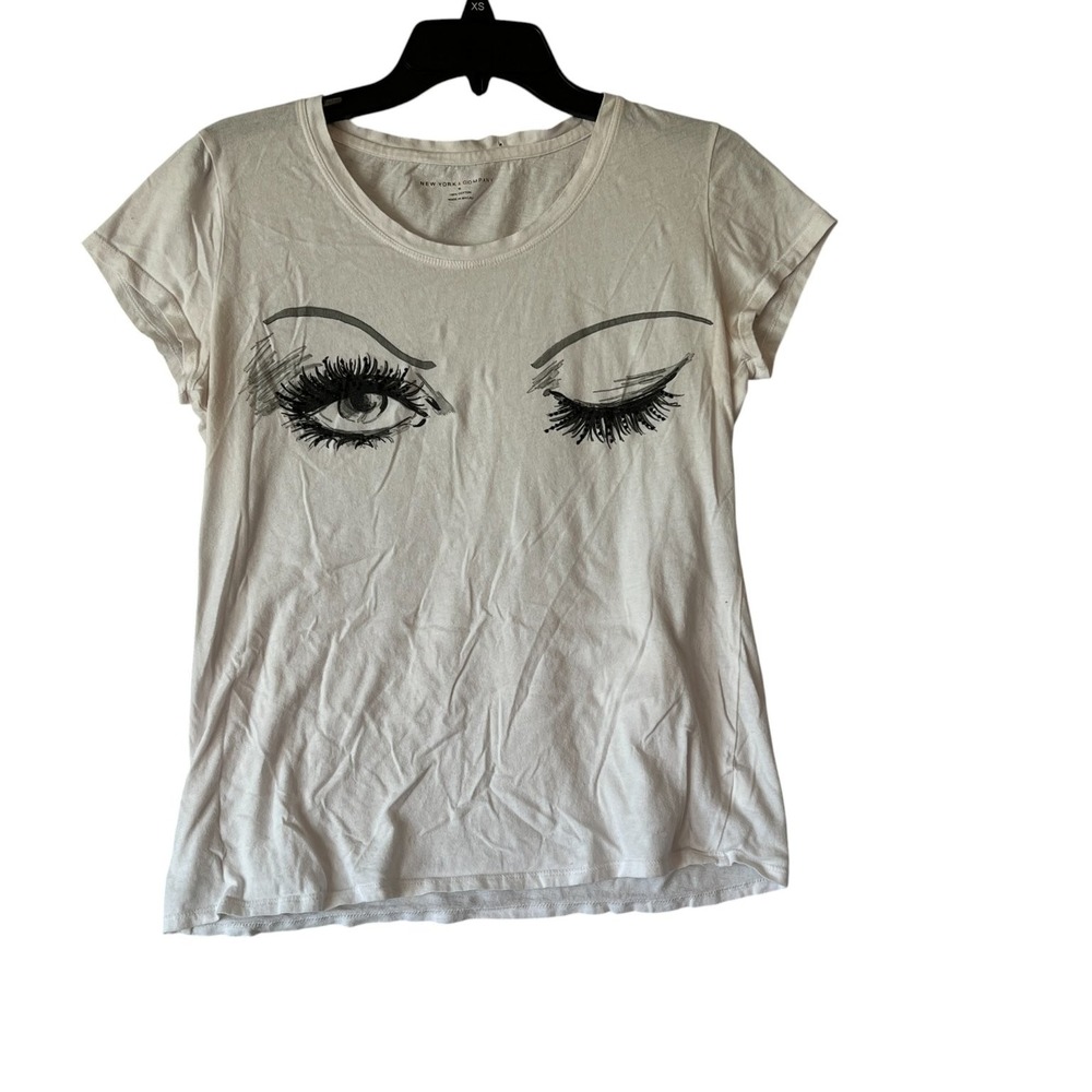 New York & Company Women's White XS Cotton Graphic‎ Eye Print Top